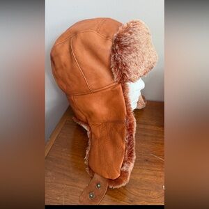 Ganka Genuine Leather & Faux Fur Trapper Hat aviator  Cognac Brown Size 59cm L
